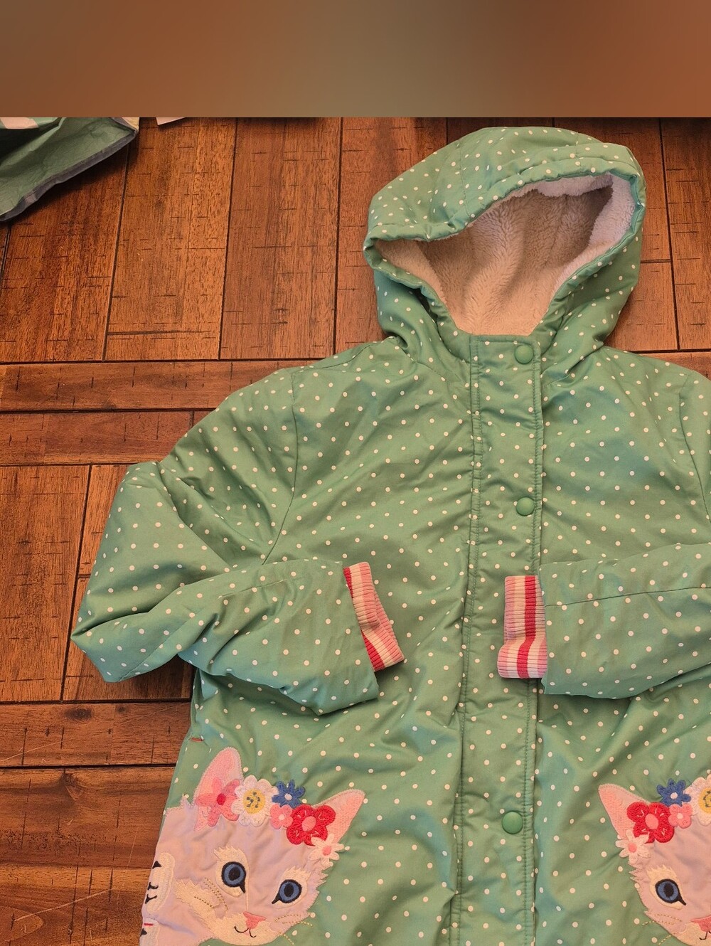 Mini Biden Kids Polka Dot Hooded Coat Parka  Cat Appliqués Green 9/10